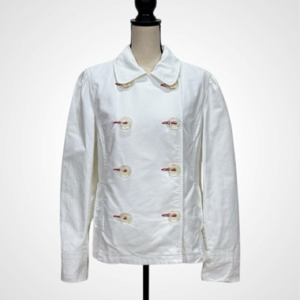 Old Navy White Double-Breasted Cotton Jacket with Red Stitching – Size Large